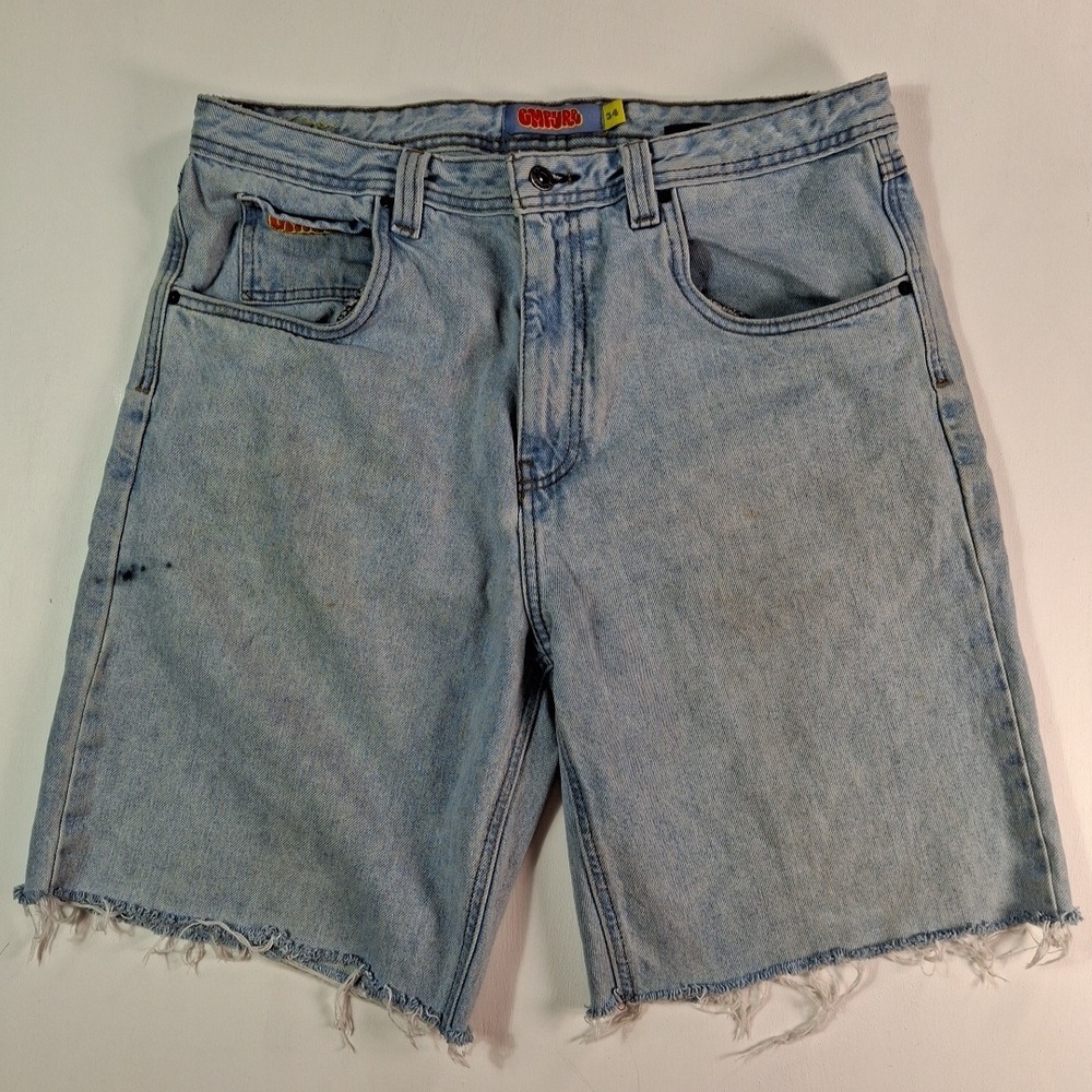 Empyre Mens Loose Fit Light Wash Denim Shorts Raw Hem Skate Streetwear Sz 34